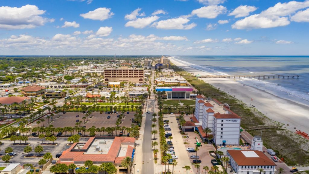 Aerial view of Jacksonville Beach Florida featuring the Fourt Points Hotel
