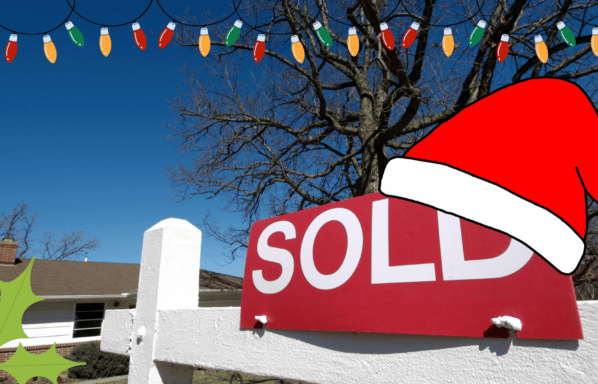 Selling Your House - A house in the bottom left corner with a sold sign wearing a Santa hat.