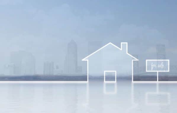 A photo showing home for sale across a blue background with the Jacksonville city skyline in the background.